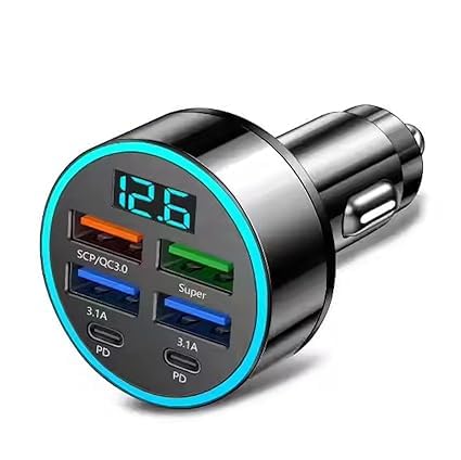 6 in 1 Car Charger USB Adapter Fast Charging Adapter Multi-Function Charger Block 2PD+4USB Digital Display Car Vehicle Charging Adapter 2 Type C + 4USB