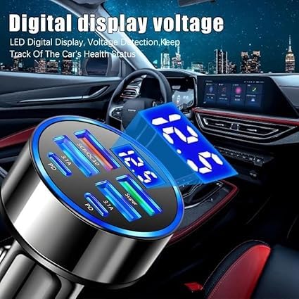 6 in 1 Car Charger USB Adapter Fast Charging Adapter Multi-Function Charger Block 2PD+4USB Digital Display Car Vehicle Charging Adapter 2 Type C + 4USB