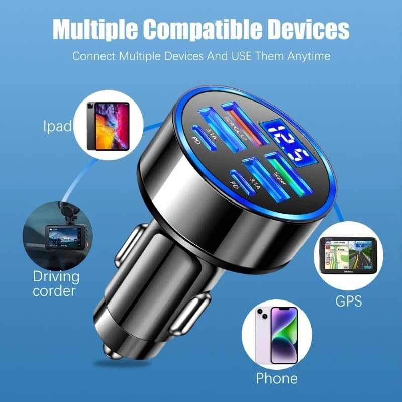 6 in 1 Car Charger USB Adapter Fast Charging Adapter Multi-Function Charger Block 2PD+4USB Digital Display Car Vehicle Charging Adapter 2 Type C + 4USB